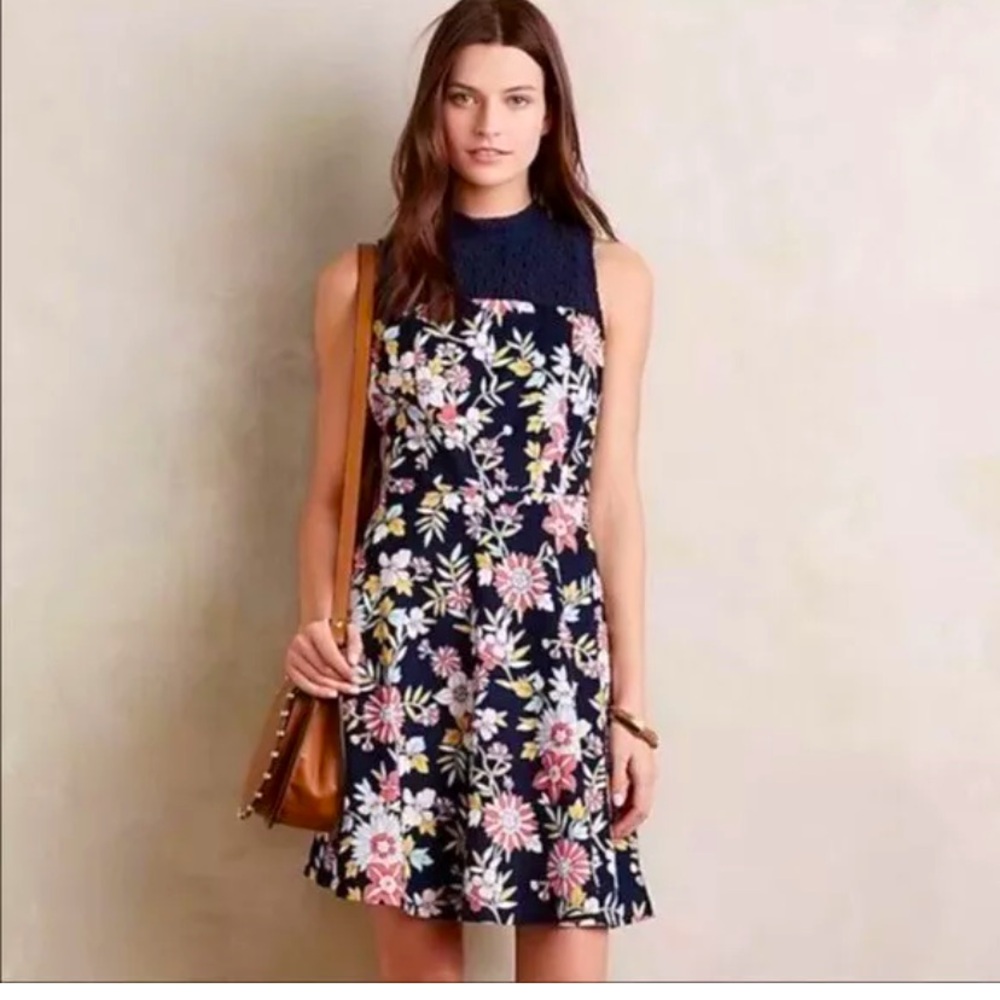 MOULINETTE Soeurs Anthropologie Ashbury Navy Floral Eyelet Dress  sz 6